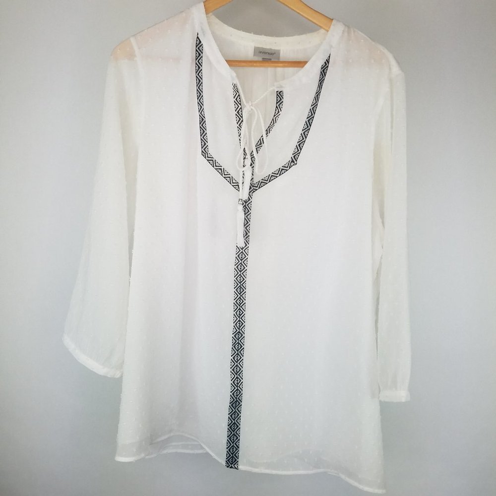 Avenue 18/20 Sheer White Peasant Blouse Swiss Dot Boho Tunic Southwest Detail